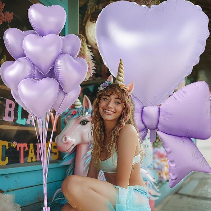 Lavender Heart & Bow Balloons: 10-Piece Foil Balloon Set