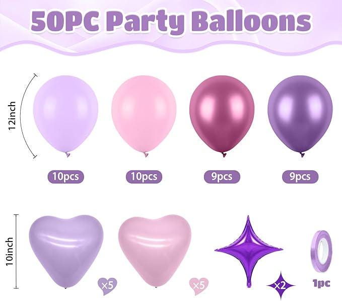 Pink Purple Balloons 50PCS Macaron Heart Star Foil for Birthday Baby Shower Wedding Party