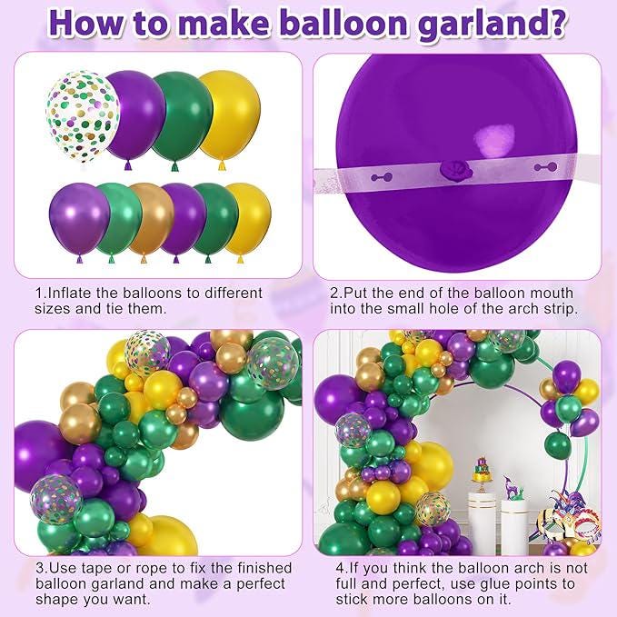 Mardi Gras Balloon Garland Kit: Purple, Green, Gold Confetti Arch