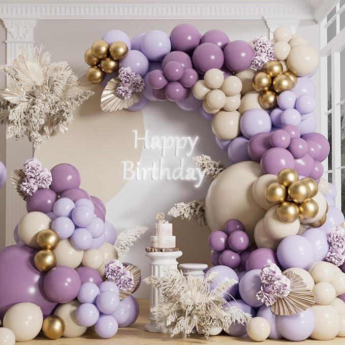 Purple Balloon Arch Kit: 155 Piece Macaron, White & Gold Garland