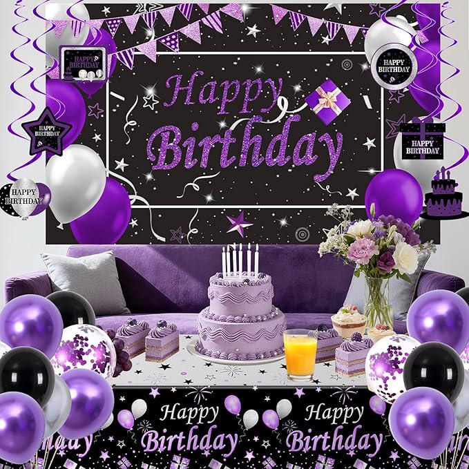 Black Purple Birthday Decorations Silver Balloons Banner Arch Swirls for Women Men Party