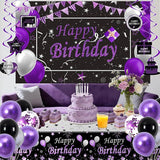 Black Purple Birthday Decorations Silver Balloons Banner Arch Swirls for Women Men Party