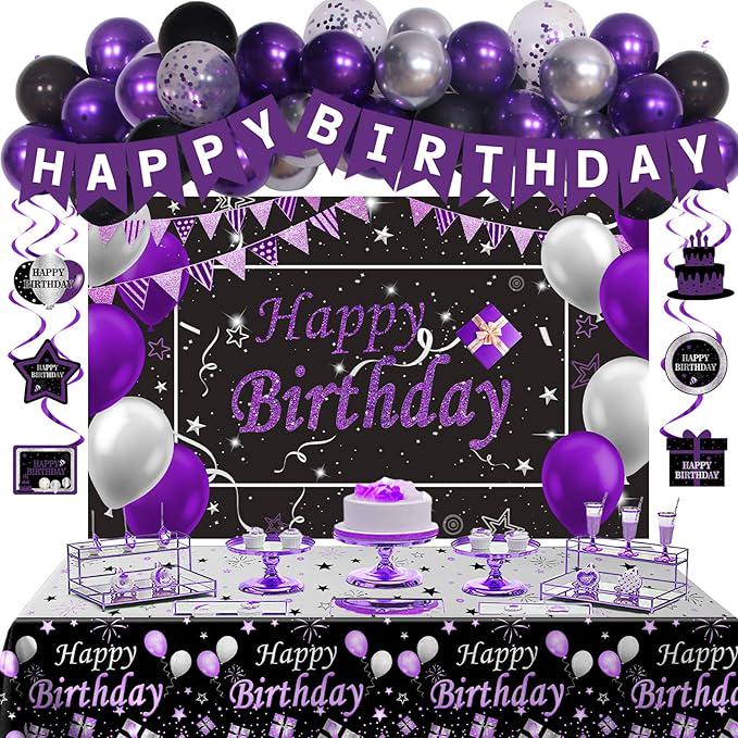 Black Purple Birthday Decorations Silver Balloons Banner Arch Swirls for Women Men Party