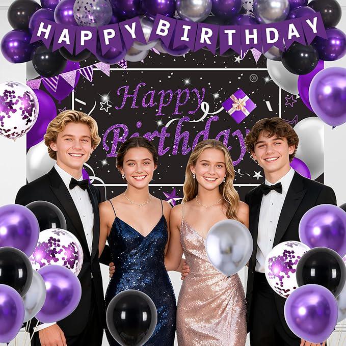 Black Purple Birthday Decorations Silver Balloons Banner Arch Swirls for Women Men Party