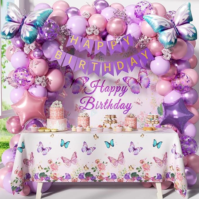 Pink Purple Butterfly Birthday Decorations Pastel Pearl Confetti Balloons Banner Party