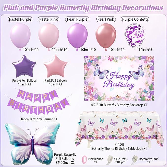 Pink Purple Butterfly Birthday Decorations Pastel Pearl Confetti Balloons Banner Party