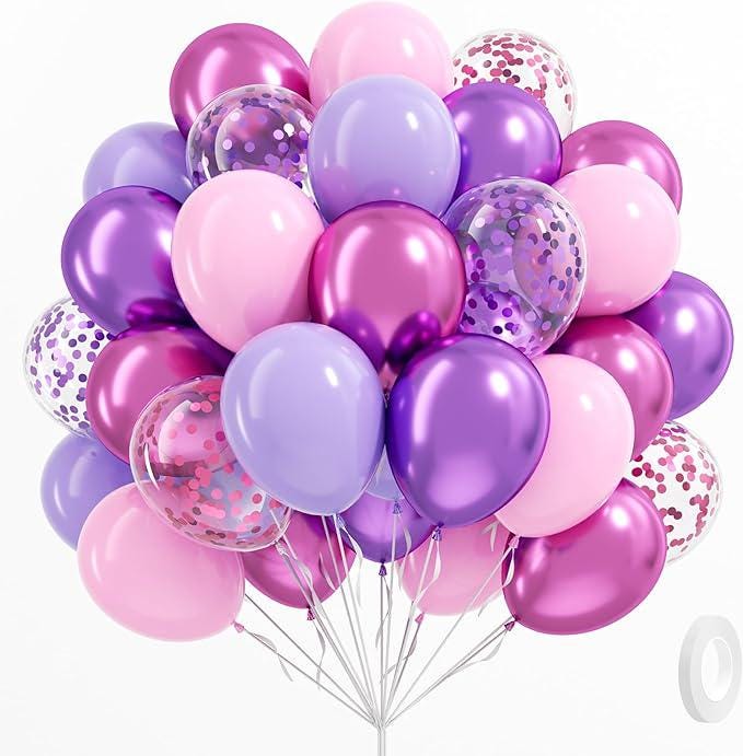 Pink Purple Balloons 61PCS 12 Inch Confetti Metallic with Ribbon for Wedding Birthday Party