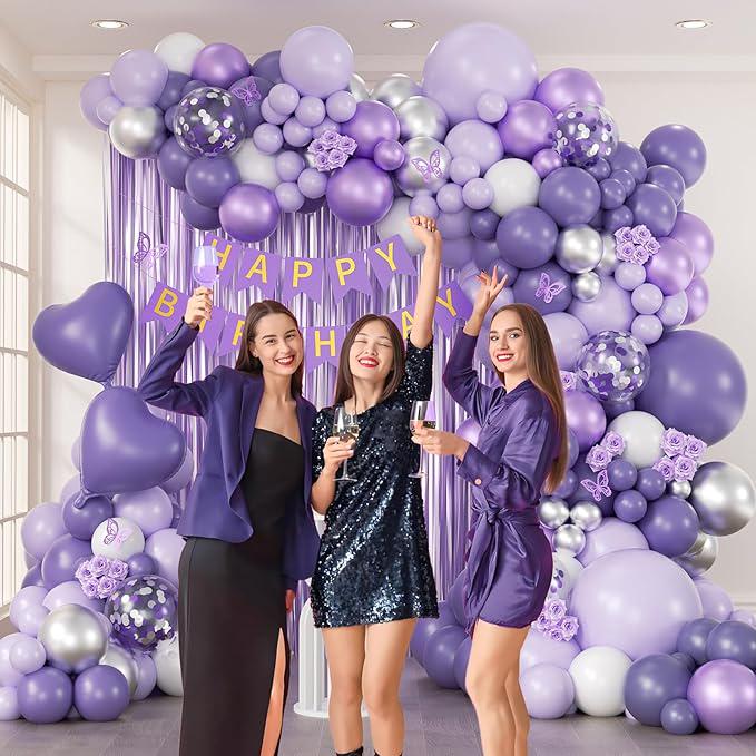 Purple Birthday Decorations Metallic Silver White Lavender Balloons Banner Fringe for Women