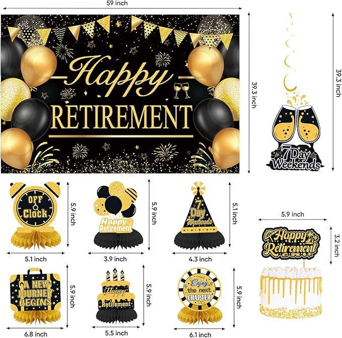 Retirement Party Decorations for Men and Women Black Gold Banner Balloons Set