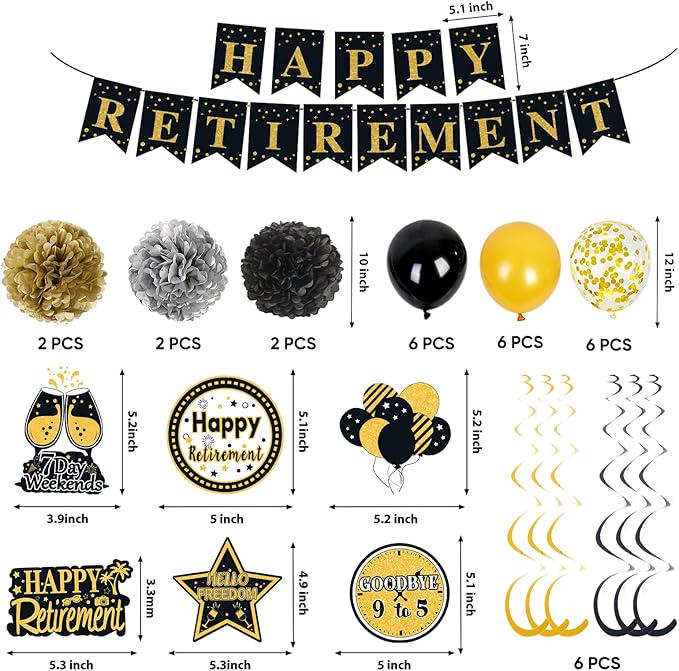 Retirement Party Decorations for Men and Women Black Gold Banner Balloons Set