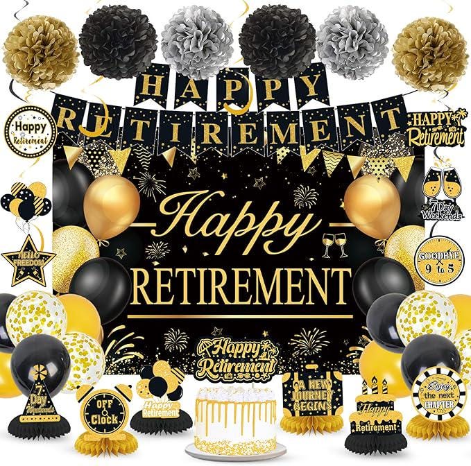 Retirement Party Decorations for Men and Women Black Gold Banner Balloons Set