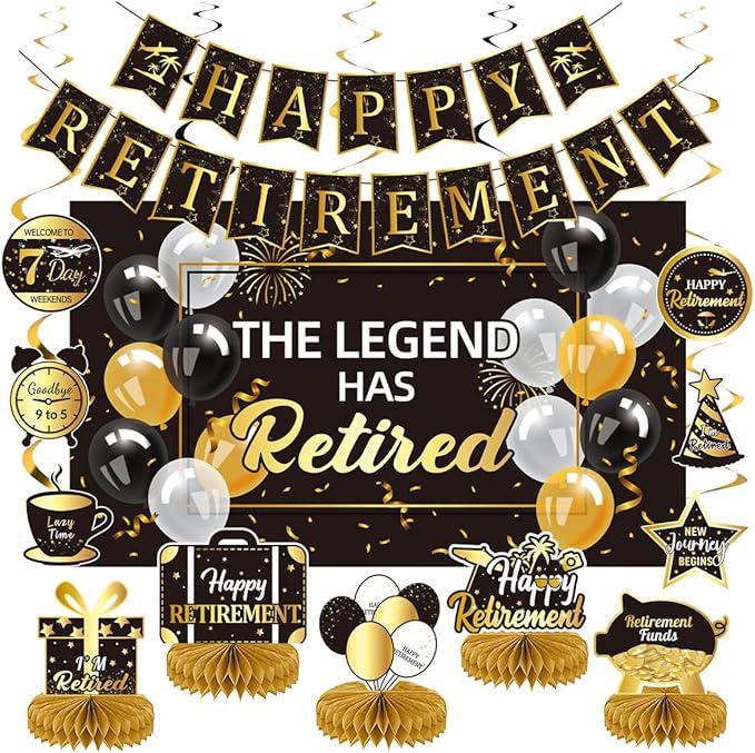 Happy Retirement Party Decorations for Men Women Black Gold Banner Backdrop Swirls