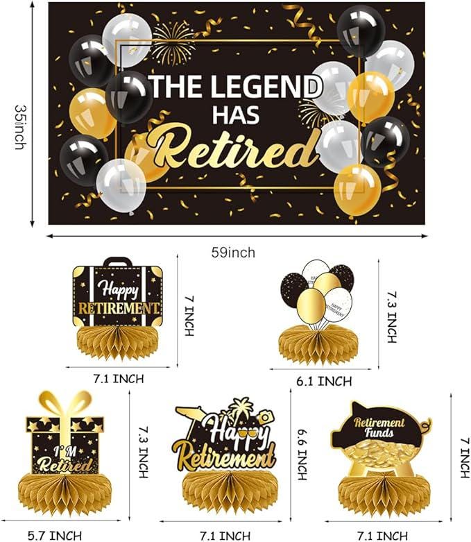 Happy Retirement Party Decorations for Men Women Black Gold Banner Backdrop Swirls