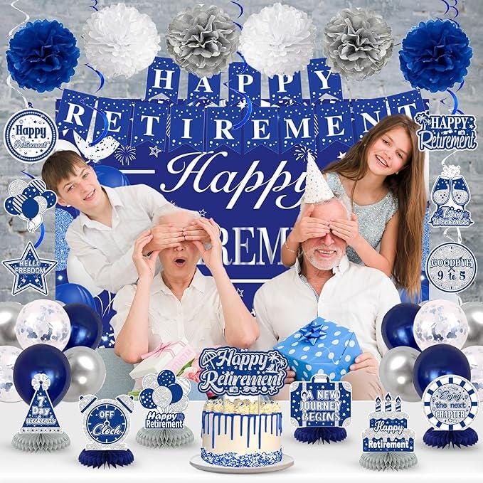 Retirement Party Decorations for Men Women Blue Silver Banner Backdrop Balloons Set