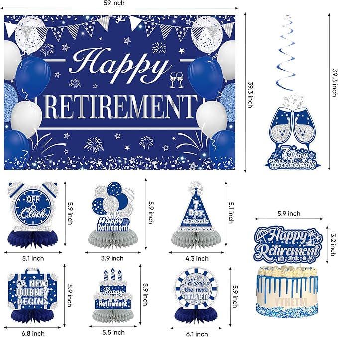 Retirement Party Decorations for Men Women Blue Silver Banner Backdrop Balloons Set
