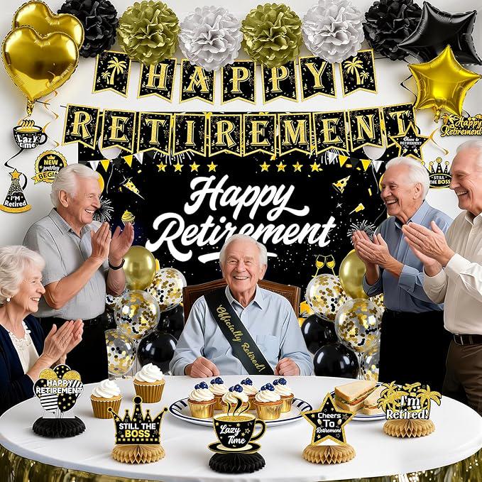 Retirement Party Decorations Black Gold Banner Backdrop Balloons Swirls Centerpiece Set