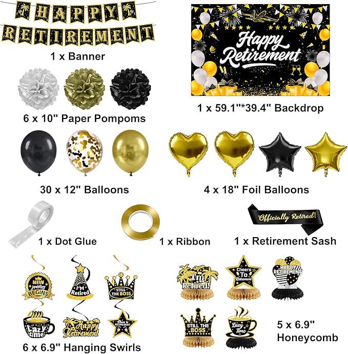 Retirement Party Decorations Black Gold Banner Backdrop Balloons Swirls Centerpiece Set