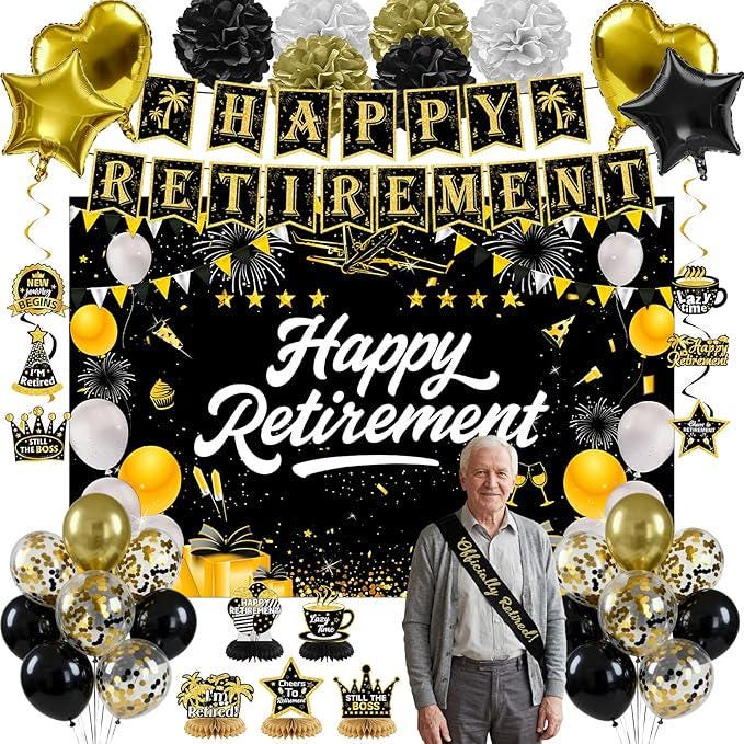 Retirement Party Decorations Black Gold Banner Backdrop Balloons Swirls Centerpiece Set