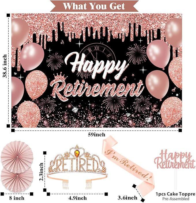 Retirement Party Decorations for Women 52Pcs Rose Gold Black Banner Backdrop Balloons Set