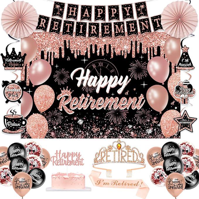 Retirement Party Decorations for Women 52Pcs Rose Gold Black Banner Backdrop Balloons Set