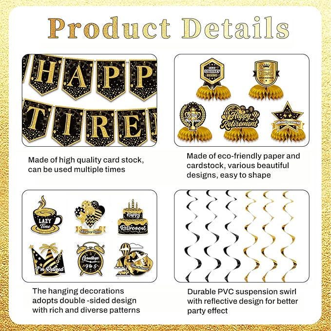 12Pcs Retirement Party Decorations Black Gold Banner Swirls Centerpiece Set