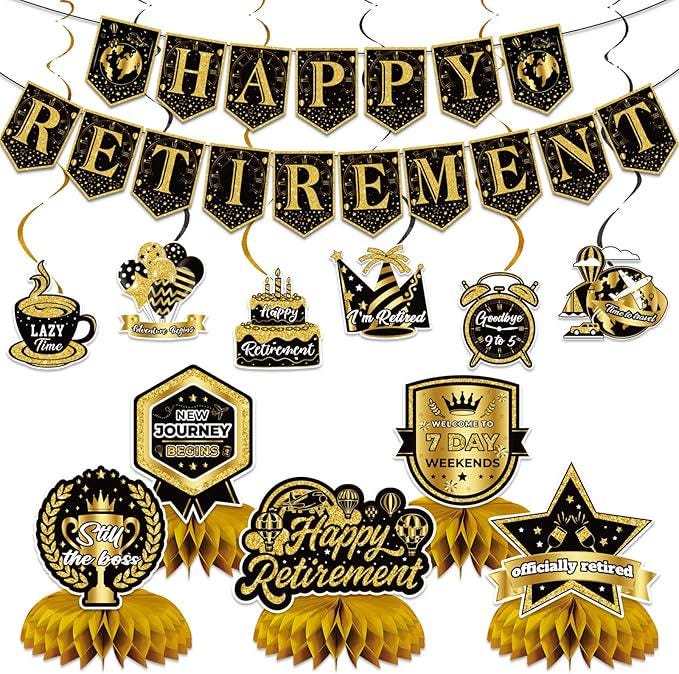 12Pcs Retirement Party Decorations Black Gold Banner Swirls Centerpiece Set