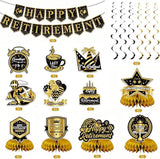 12Pcs Retirement Party Decorations Black Gold Banner Swirls Centerpiece Set