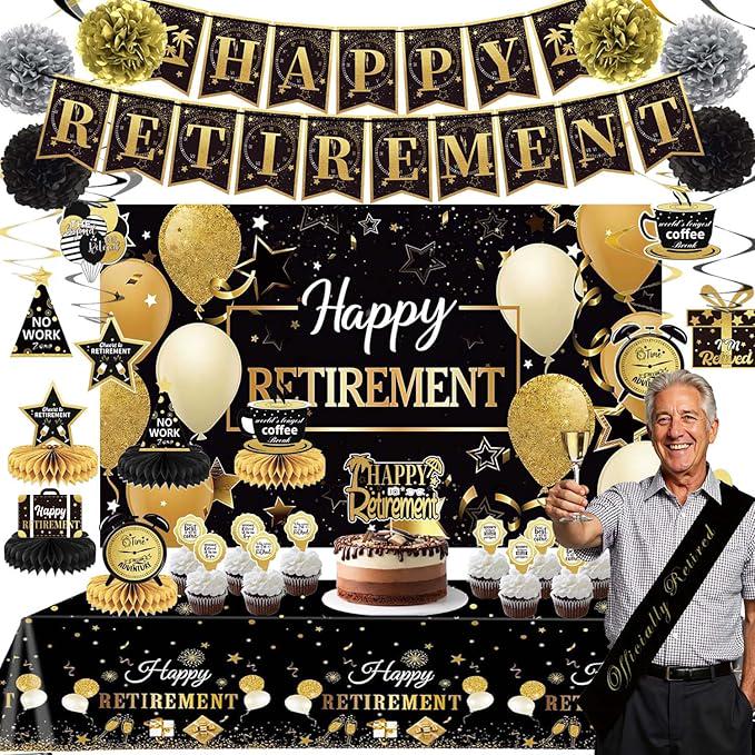 Retirement Party Decorations Banner Backdrop Swirls Tablecloth Centerpiece Set