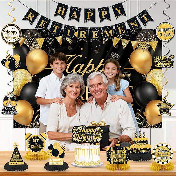 Retirement Party Decorations for Men Women Black Gold Banner Backdrop Swirl Set