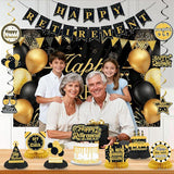 Retirement Party Decorations for Men Women Black Gold Banner Backdrop Swirl Set