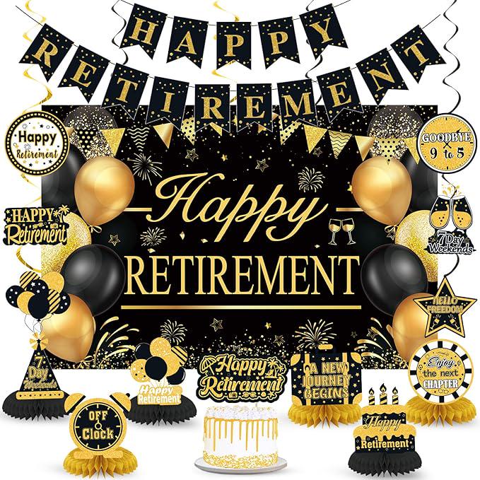 Retirement Party Decorations for Men Women Black Gold Banner Backdrop Swirl Set