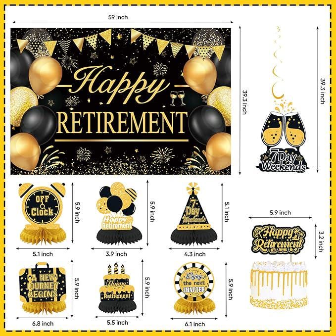 Retirement Party Decorations for Men Women Black Gold Banner Backdrop Swirl Set