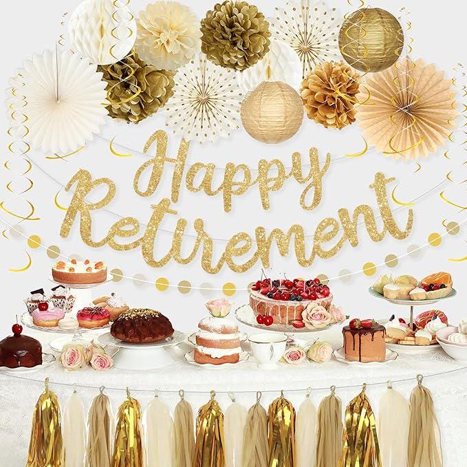 Retirement Party Decorations for Women Men Gold Glitter Banner Fans Kit