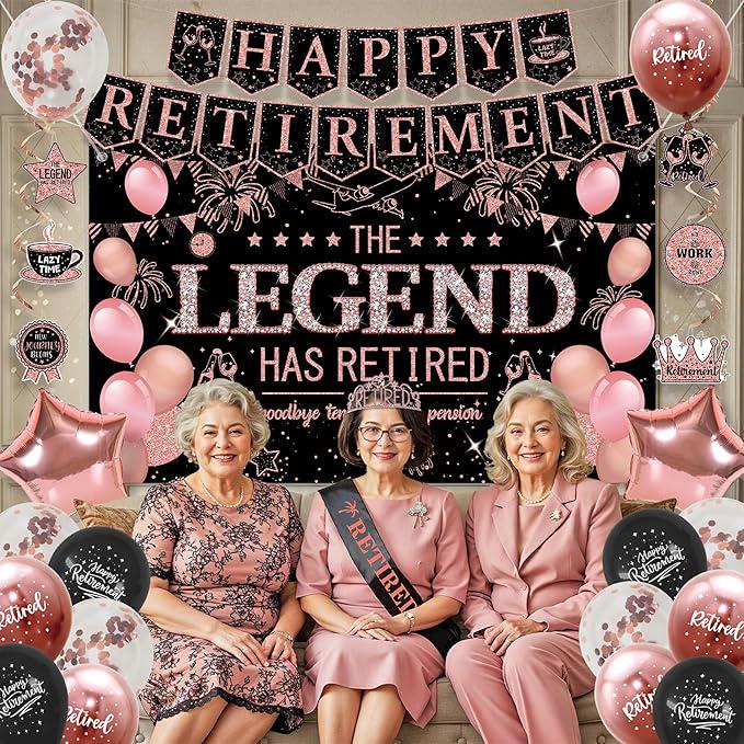 Retirement Party Decorations for Women Black Pink Banner Backdrop Balloons Swirl Set