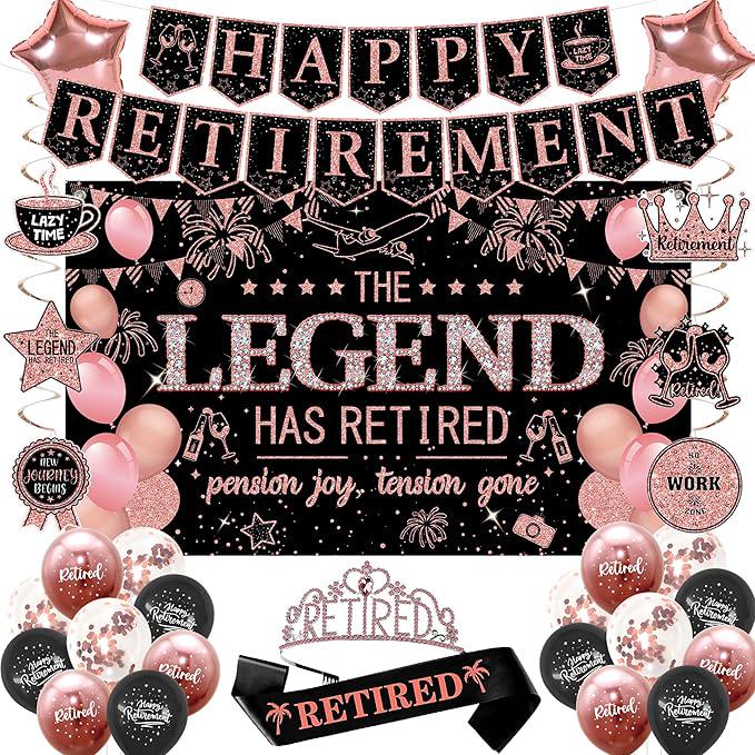 Retirement Party Decorations for Women Black Pink Banner Backdrop Balloons Swirl Set