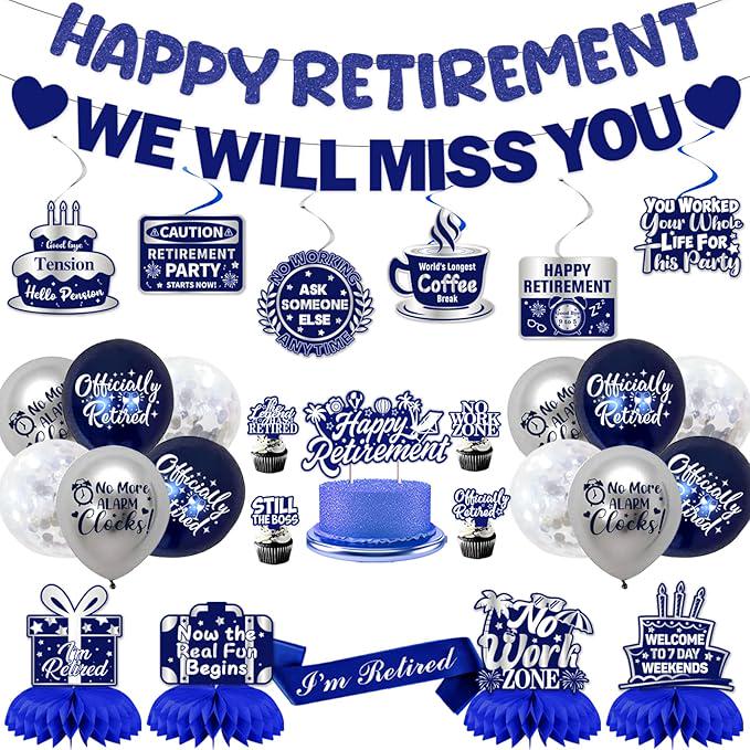 Retirement Party Decorations for Men Women Blue Silver Banner Balloons Swirl Set