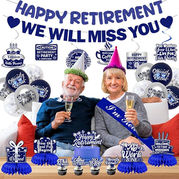 Retirement Party Decorations for Men Women Blue Silver Banner Balloons Swirl Set