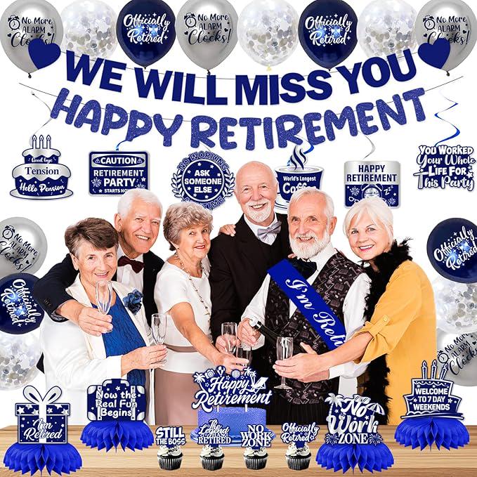 Retirement Party Decorations for Men Women Blue Silver Banner Balloons Swirl Set