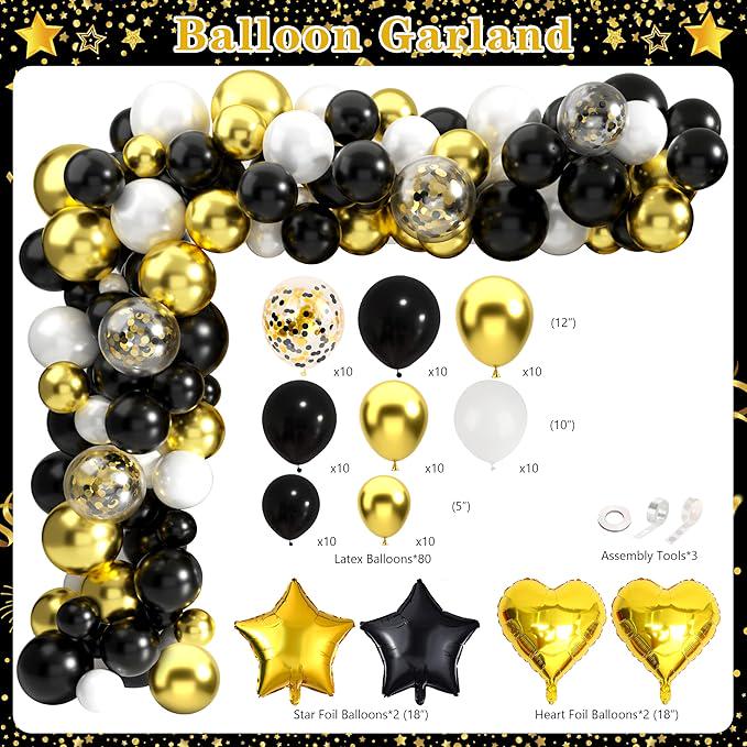 Retirement Party Decorations for Men Women 109Pcs Black Gold Banner Balloons Swirl Set