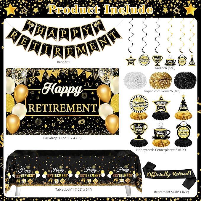 Retirement Party Decorations for Men Women 109Pcs Black Gold Banner Balloons Swirl Set