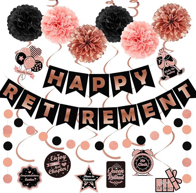 Retirement Party Decorations for Women Black Rose Gold Banner Swirl Garland Pompoms Set