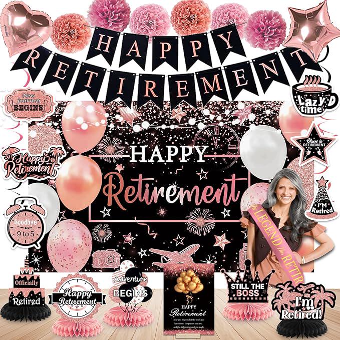 Retirement Party Decorations for Women Rose Gold Banner Backdrop Swirls Centerpiece Set