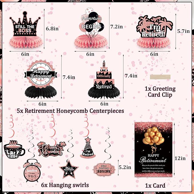 Retirement Party Decorations for Women Rose Gold Banner Backdrop Swirls Centerpiece Set