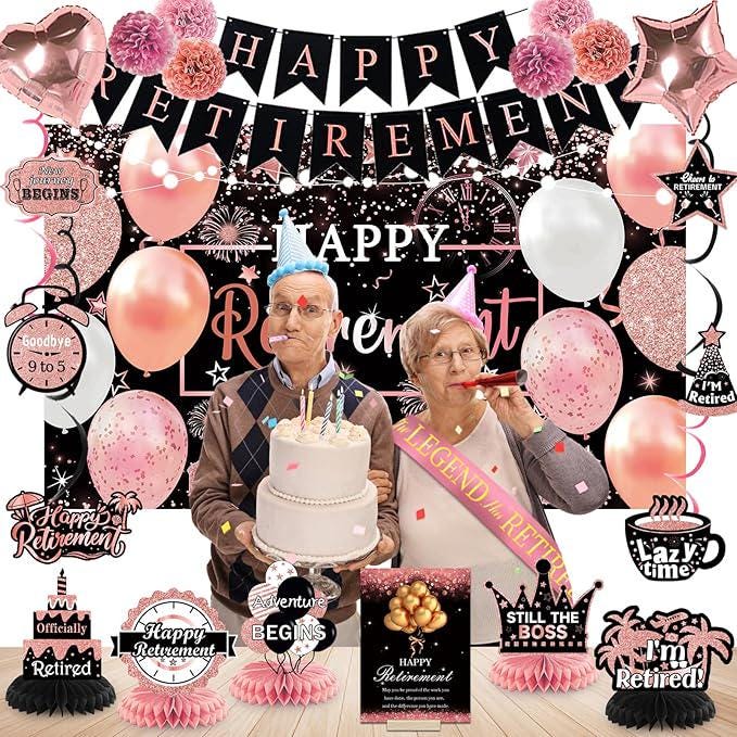 Retirement Party Decorations for Women Rose Gold Banner Backdrop Swirls Centerpiece Set