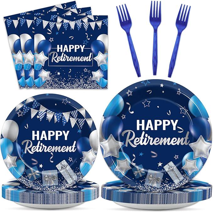 96Pcs Retirement Party Plates Napkins Blue Silver Tableware Set for Men Women
