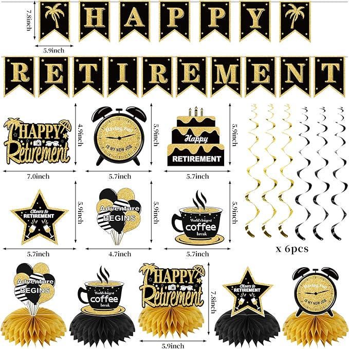 20Pcs Happy Retirement Party Decorations Black Gold Banner Balloons Centerpiece Set