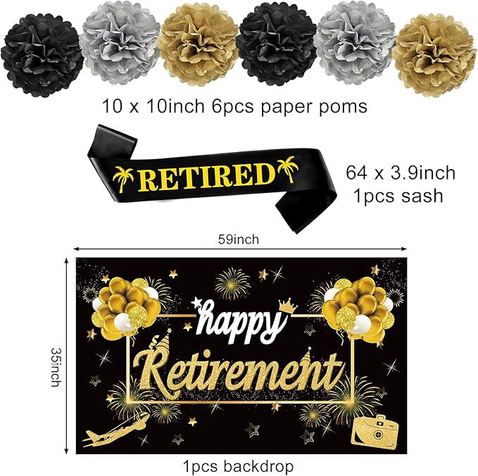20Pcs Happy Retirement Party Decorations Black Gold Banner Balloons Centerpiece Set