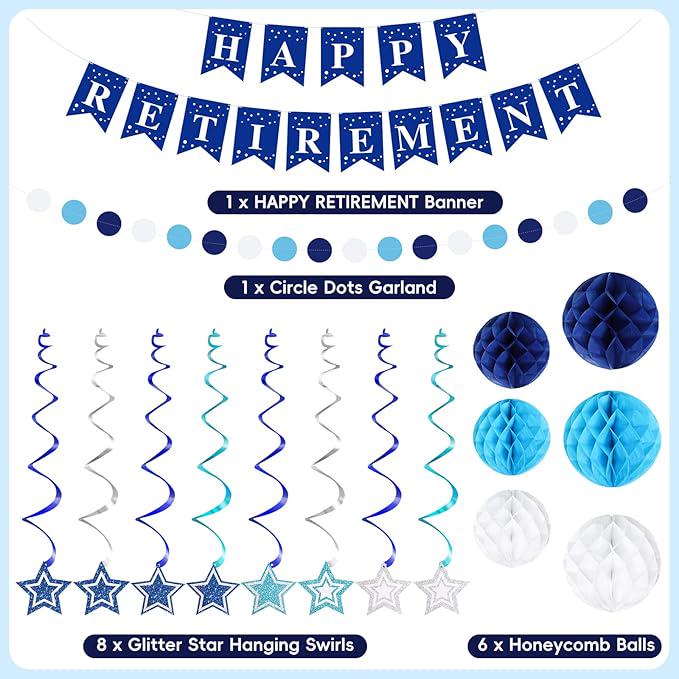 Happy Retirement Party Decorations for Men Women Blue Silver Banner Swirls Garland Set