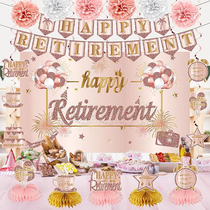 20Pcs Retirement Party Decorations for Women Pink Rose Gold Banner Balloons Centerpiece Set