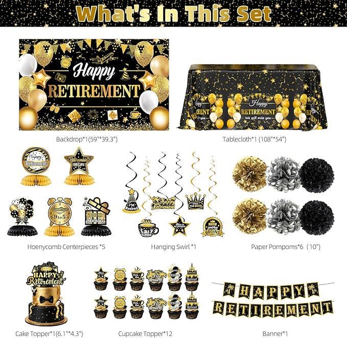 Retirement Party Decorations for Men Women Black Gold Banner Backdrop Balloons Centerpiece Set